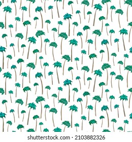 Tropical coconut palm trees on white seamless pattern. Summer exotic background design for cosmetics, spa, textile, hawaiian style shirt. Perfect as wrapping paper, wallpaper. Vector illustration