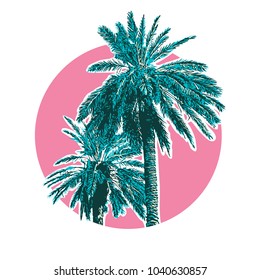 Tropical coconut palm trees.
Vector colored illustration isolated on pink circle background. Template, design element for summer holiday, travel and vacation concept.