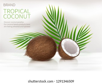 Tropical coconut realistic vector, whole and broken half coco nut and green palm leaves on white glossy background. Mock up banner or packaging design for natural products or organic cosmetics