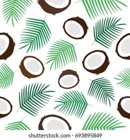 Tropical coconut seamless pattern, green palm leaf and half of coconut vector illustration. Coconut print, isolated on transparent background.