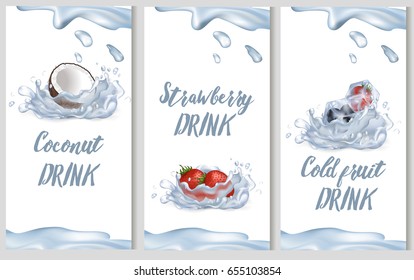 Tropical coconut, sweet strawberry and cold fruit drinks promotional poster vector illustration with water and ice cubes.