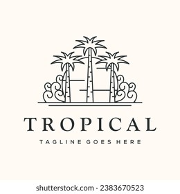 tropical coconut tree line art logo vector minimalist illustration design, sunset view coconut tree symbol design