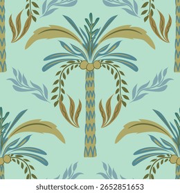 Padrão de coqueiro tropical em verde claro
 Padrão sem costura de coqueiro desenhado à mão em tom verde tropical. Ideal para tecidos de verão, roupas de praia e projetos temáticos de férias.
