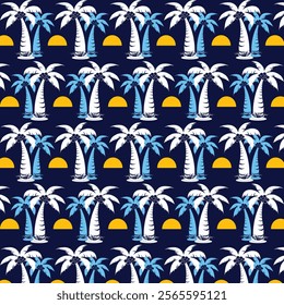 Tropical Coconut Tree and Sunset Pattern.This design combines iconic coconut trees with bold yellow suns, creating a lively tropical motif ideal for summer-themed projects.