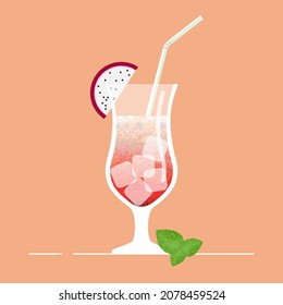 Tropical cold cocktail in flat style for menus, cocktail cards. Red juice in a glass with ice and a straw. Summer drinks 