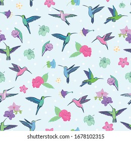 Tropical colibri little bird with beautifiul exotic flowers seamless vector hand drawn pattern