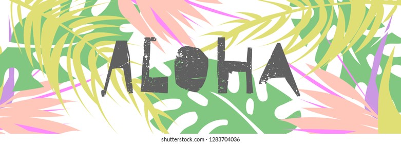 Tropical collage pattern banner in hawaiian style with abstract exotic floral decoration elements. Colorful summer background made in vector