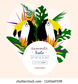 Tropical collage sale banner in hawaiian style with toucan bird and exotic floral decoration elements. Colorful summer background for advertising made in vector