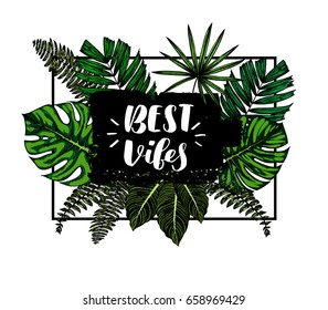 Tropical collection. Botanical hand drawn summer illustration. Engraving style. ink brush strokes, frames, summer flowers boxes. Best vibes lettering. Template invitation.
