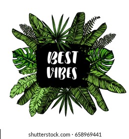 Tropical collection. Botanical hand drawn summer illustration. Engraving style. ink brush strokes, frames, summer flowers boxes. Best vibes lettering. Template invitation.