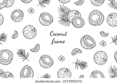 Tropical collection of coconut whole, cut with palm leaves and gardenia taitensis flowers in black on white background. Hand drawn vector sketch illustration in doodle engraved vintage line art style