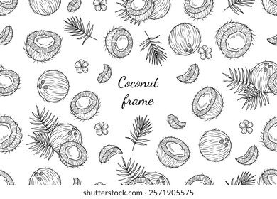 Tropical collection of coconut whole, cut with palm leaves and gardenia taitensis flowers in black on white background. Hand drawn vector sketch illustration in doodle engraved vintage line art style