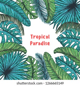 Tropical collection. Tropical design template. Happy holidays frame. Palm leaves and flowers vector illustration. Summer design.