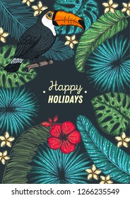 Tropical collection. Tropical design template. Hello summer frame. Toucan, palm leaves and flowers vector illustration. Summer design.