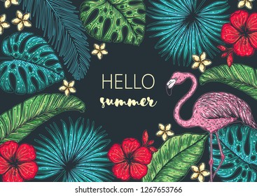 Tropical collection. Tropical design template. Hello summer frame. Flamingo, palm leaves and flowers vector illustration. Summer design
