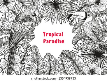 Tropical collection. Tropical design template. Hello summer frame. Toucan and parrot, palm leaves and flowers vector illustration. Summer design.