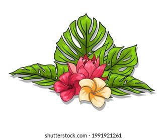 Tropical collection with exotic flowers and carved leaves in cartoon style