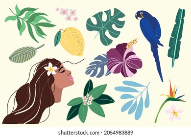 Tropical collection with exotic flowers, leaves, lemon, parrot, girl's face profile. Vector design of isolated elements by hand.