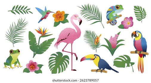 Coleta tropical com flores exóticas, folhas e mamíferos e aves. Elementos isolados de design vetorial no fundo branco. Desenho à mão com ilustração vetorial