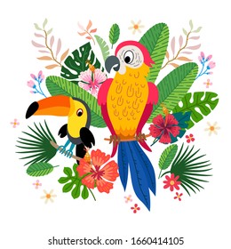 Colección tropical para fiesta de la selva o boda tropical. Vector aisló elementos en el fondo blanco. Perros de personaje de dibujos animados de verano, flores exóticas, hojas. Flora selvática de Brasil en departamento