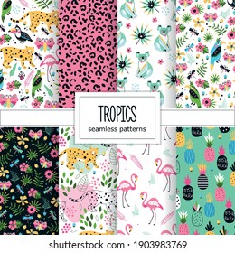 Tropical collection pattern with bright cute animals and plants 