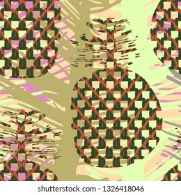 Tropical Collection sketches. Summer color seamless pattern with leaves and pineapple in doodle style. Hand drawing manual graphics. Great for textiles,wrapping paper,banners and posters. 