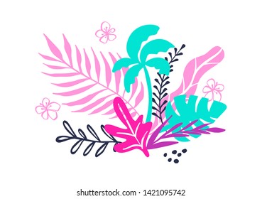 Tropical collection for summer beach party exotic leaves, palms and fruits. Vector design isolated elements on the white background