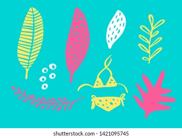 Tropical collection for summer beach party exotic leaves, pineapple, palms and fruits. Vector design isolated elements on the white background