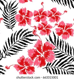 Tropical color embroidery foliage seamless pattern with palm leaves and hibiscus.  Embroidered  tracery white black and red vector flower illustration.