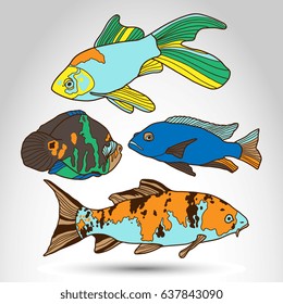 Tropical color fish set. Vector illustration isolated on abstract background