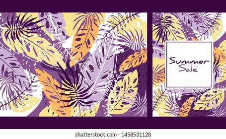 Tropical color leaves pattern, hand drawn watercolor vector illustration. Tropical plants print. Summer design. Creative background. Summer sale banner or text area for another information