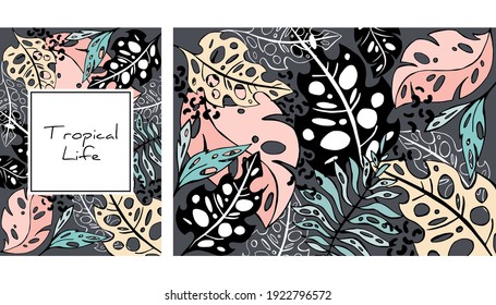 Tropical color leaves pattern, hand drawn vector illustration. Tropical plants print. Summer design. Creative background.