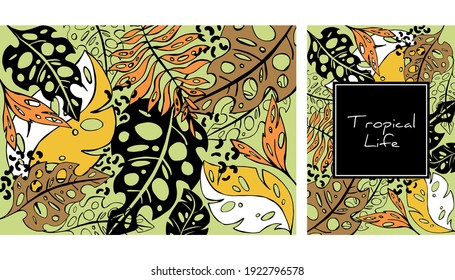 Patrón de hojas de color tropical, ilustración vectorial dibujada a mano. Plantas tropicales impresas. Diseño de verano. Fondo creativo.