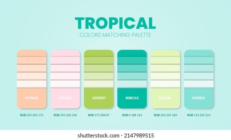 Tropical color palettes or color schemes are trends combinations and palette guides this year; table color shades in RGB or HEX. A color swatch for a tropical summer fashion, home, or interior design – Vector có sẵn