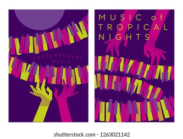 Afiche de color tropical para conciertos musicales con las manos de las mujeres sobre las llaves del piano. Teclado de piano dinámico divertido en estilo mosaico geométrico. diseño moderno para proyectos musicales y de danza, portada, invitación.