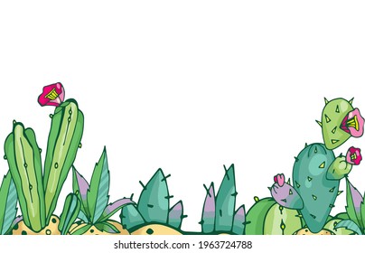 Tropical color vector pattern. Flowers, leaves, cactus, grass, greenery. Suitable for postcards, packages, wallpaper, fabric.
