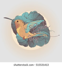 Tropical colorful bird colibri in multicolored flowers poppies and lettering good day. Hand drawn vector illustration.