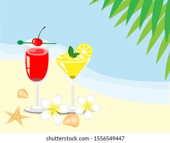 Tropical colorful cocktail drink decorated with cherry and slice lime on beach. Isolated on light background. Vector Illustration. Idea for summer vacation and welcome drink.