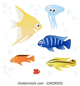 Tropical colorful fishes. Vector set