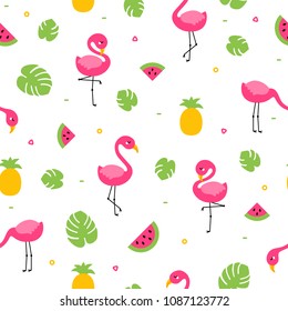 Tropical colorful flamingo seamless pattern with leaves, melon and pineapple
