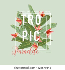 Tropical Colorful Frame. Vector Exotic Floral Design. Flyer Graphic. Background. 