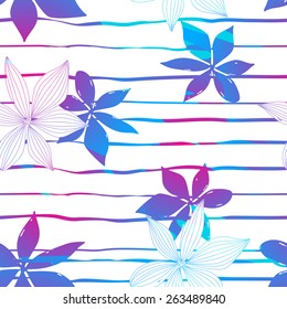 Tropical colorful hibiscus flowers on stripes seamless pattern .
