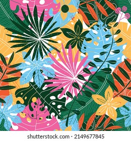 Tropical colorful  leaves in the doodle style. lhand. Exotic summer botanical seamless pattern. Can be used in textile industry, paper, background, scrapbooking.Vector.