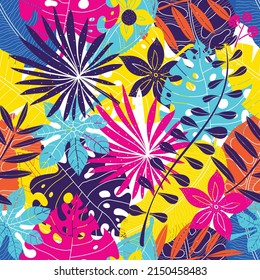 Tropical colorful  leaves in the doodle style. lhand. Exotic summer botanical seamless pattern. Can be used in textile industry, paper, background, scrapbooking.Vector.