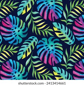 tropical colorful leaves pattern. watercolor illustration 