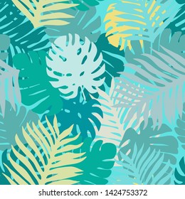 Tropical colorful leaves seamless vector pattern. Exotic plant texture. Jungle pattern. Botanical wrapping paper, fabric, background and cover design