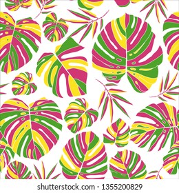 Tropical colorful monstera leaves seamless pattern white background. Exotic floral wallpaper. Jungle plants - Vector.