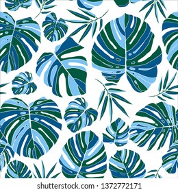 Tropical colorful monstera leaves seamless pattern white background. Exotic floral wallpaper. Jungle plants - Vector.