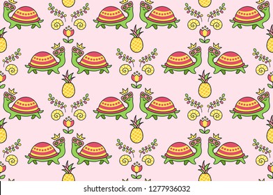 Tropical colorful ornament with funny turtles in sunglasses, sea shell, flowers, pineapples. Seamless pattern. Vector illustration for print, wallpaper, postcard, card, fabric, textile.