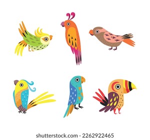 Tropical Colorful Parrot with Bright Feathers and Beak Vector Set